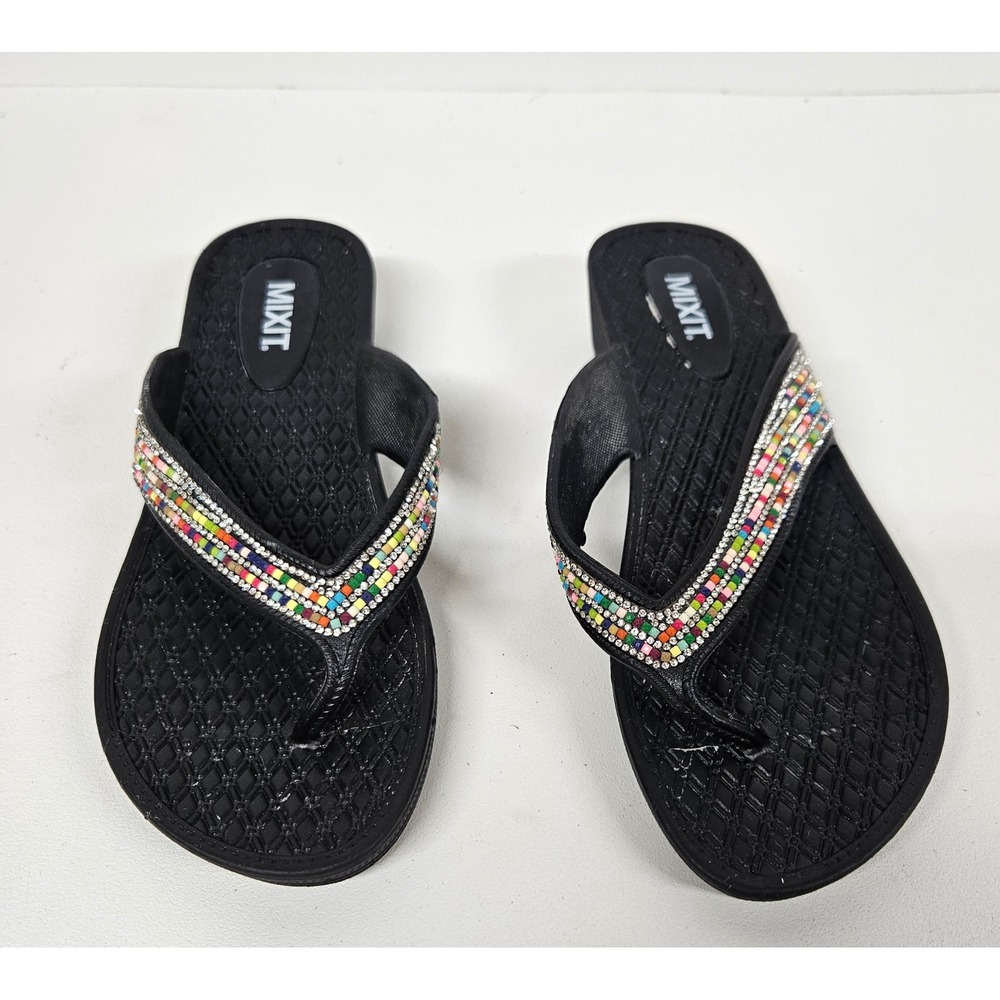 Mixit Womens Black Wedge Flip Flops Multicolor Rhinestone Thong Sandals Size 8